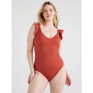 Women’s Small Time and Tru Rusty Brick flutter cap sleeve one piece swim suit